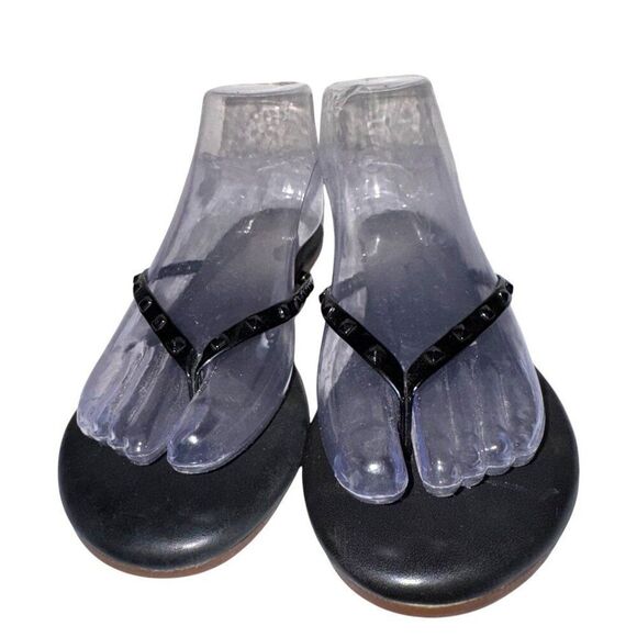 Yosi Samra YS Roee Tonal Stud Sandals 7 Black Leather Thong Flip Flop Cushioned - Picture 6 of 9